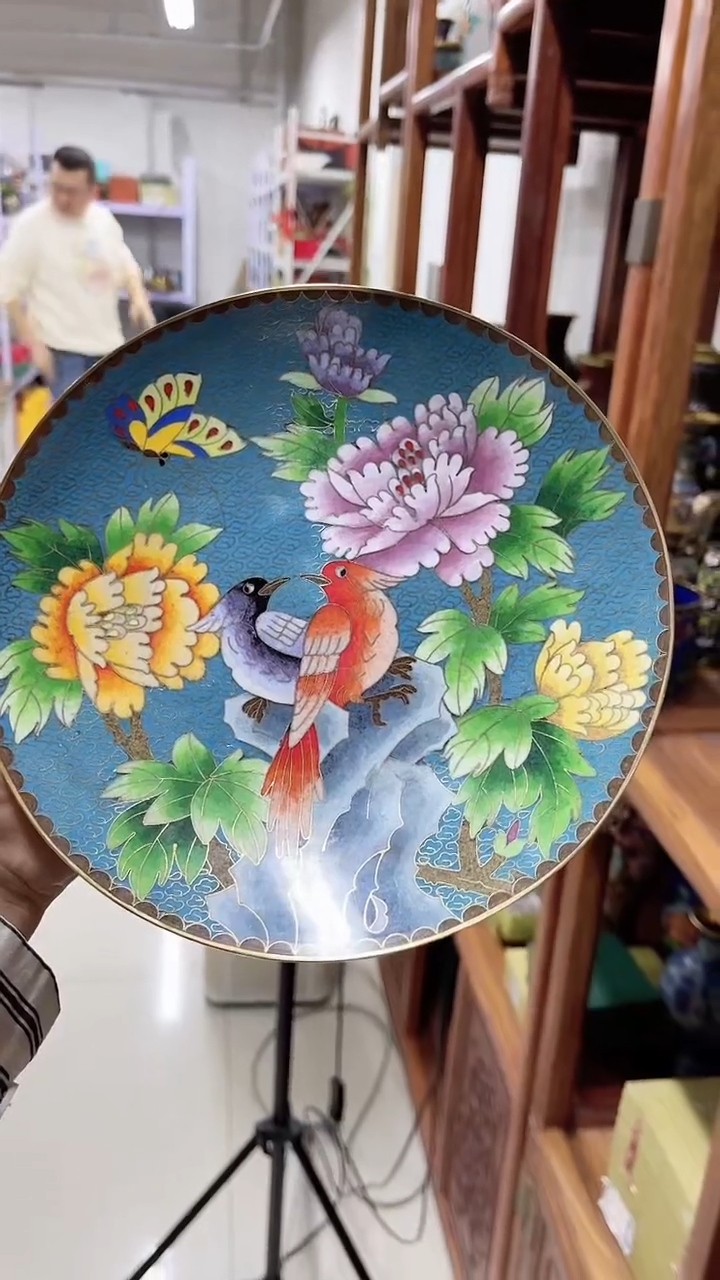 【闪购商品】非遗 景泰蓝花鸟赏盘 8带支架 天蓝