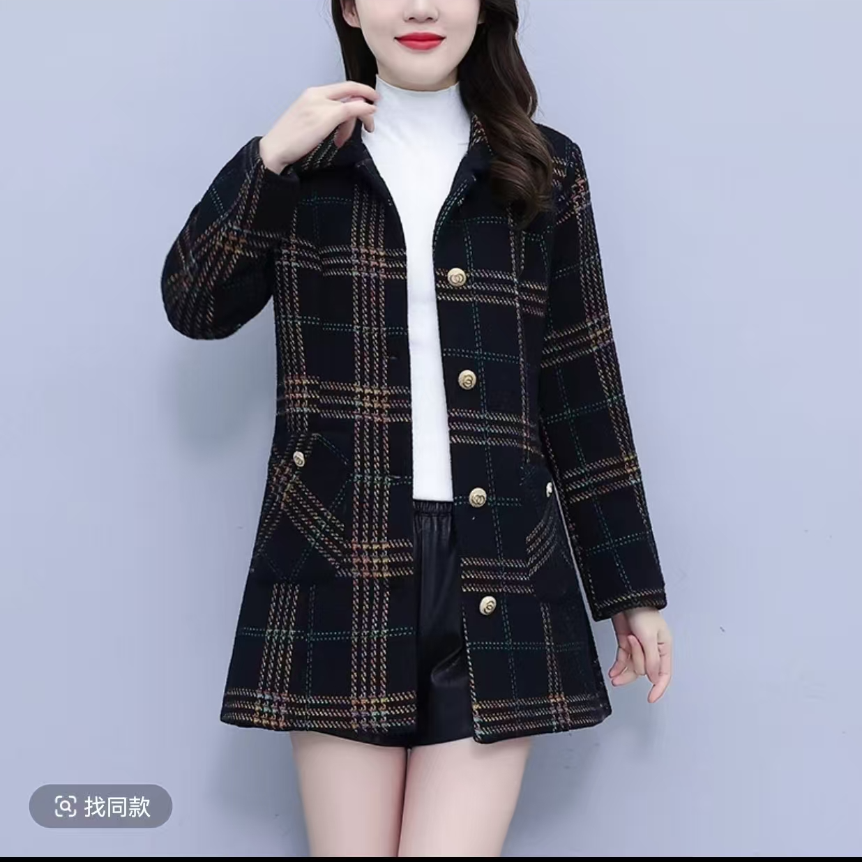 A133-翻领小香风毛呢外套气质休闲格子外套大衣修身加厚秋冬网红