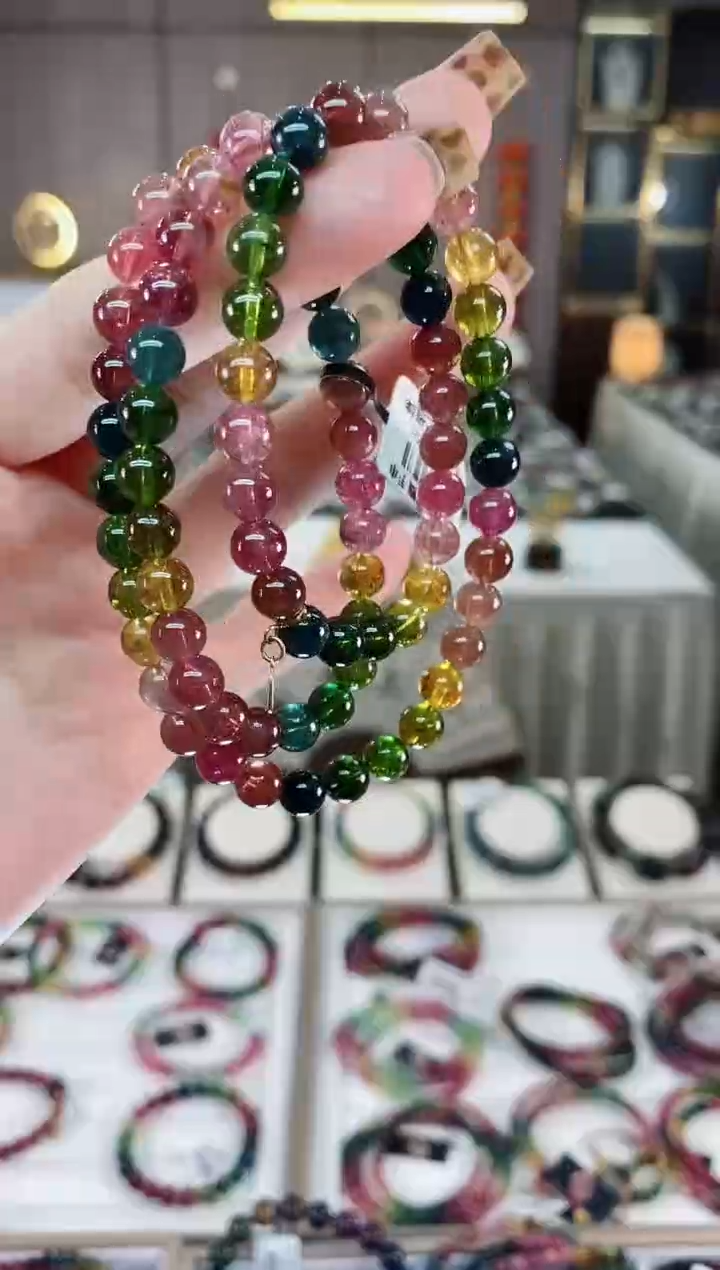 【闪购商品】彩虹玻璃透体三圈手串6mm+18K金镶嵌碧玺一物一证dan