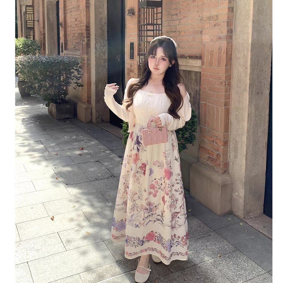 【呆呆】大码法式碎花吊带连衣裙气质收腰显瘦小个子裙子开衫