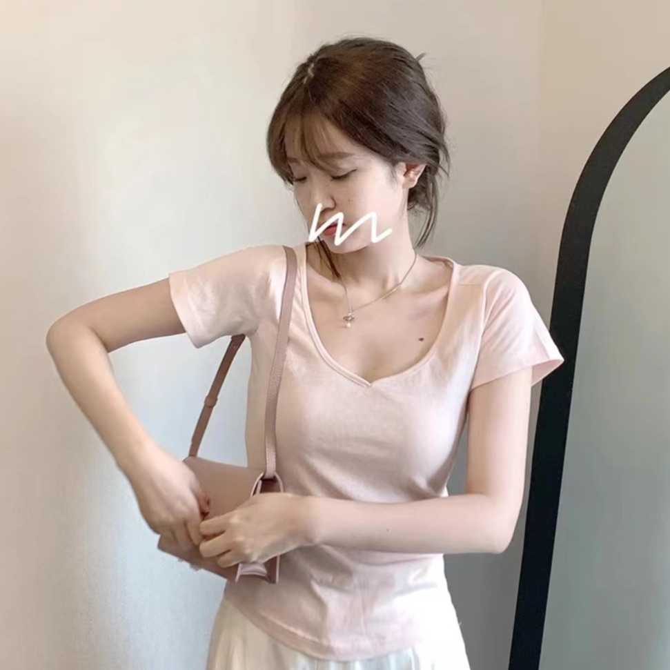 由子衣舍 Youzi Atelier V领修身短袖T恤女夏季薄款百搭显瘦上衣