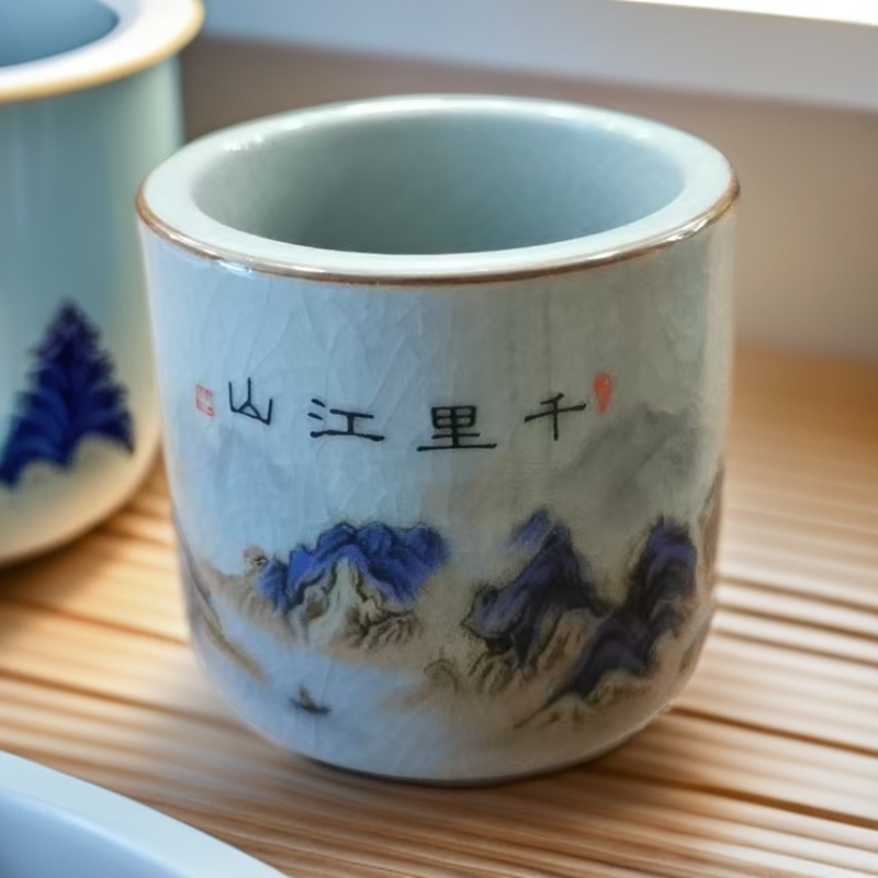 德化千里江山主任杯大号可乐杯主人杯天青扳指杯开片瓷