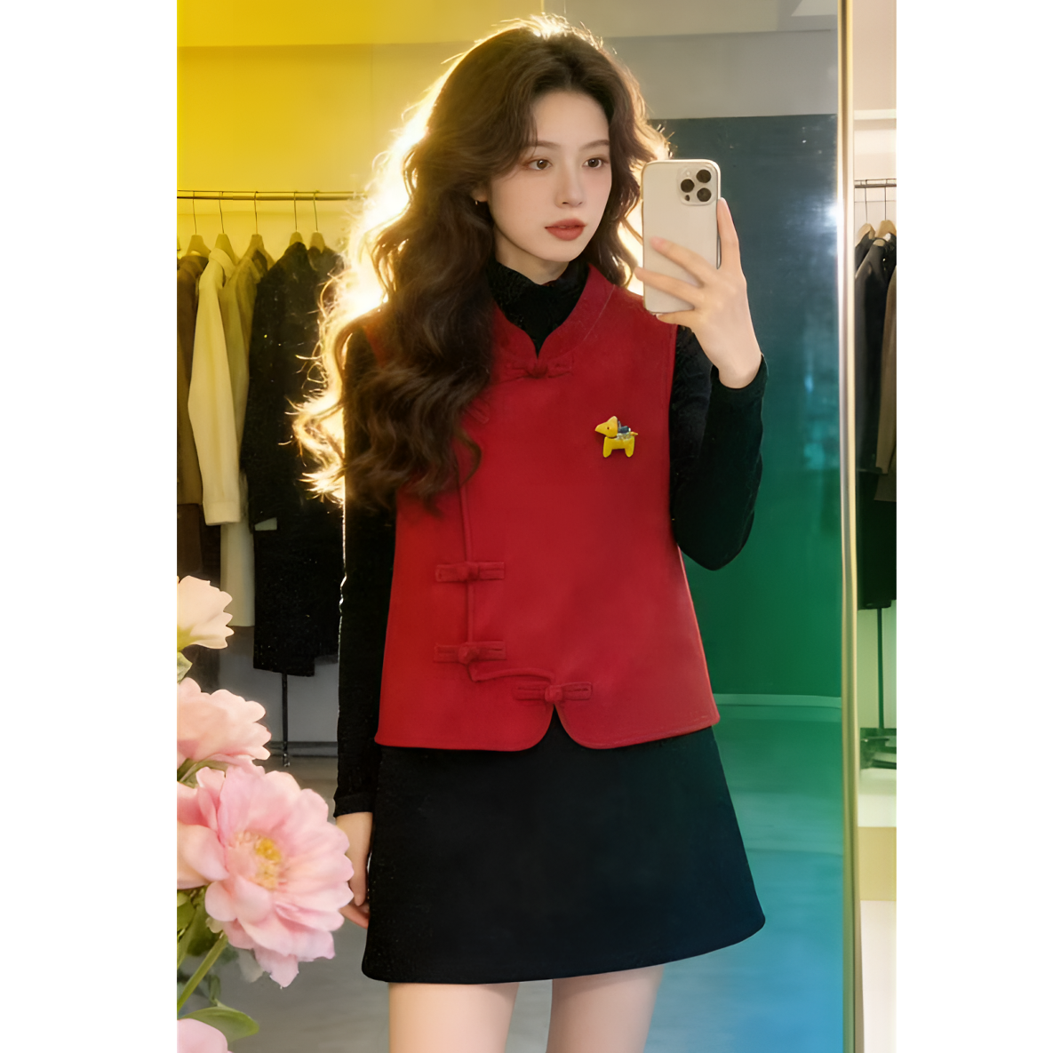 586法式秋冬极简风秋季马夹女拼接三件套装宽松型马甲女装