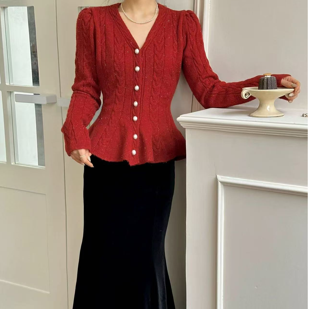 秋冬新款韩版荷叶边V领亮丝针织衫女时尚设计感毛衣开衫外套女