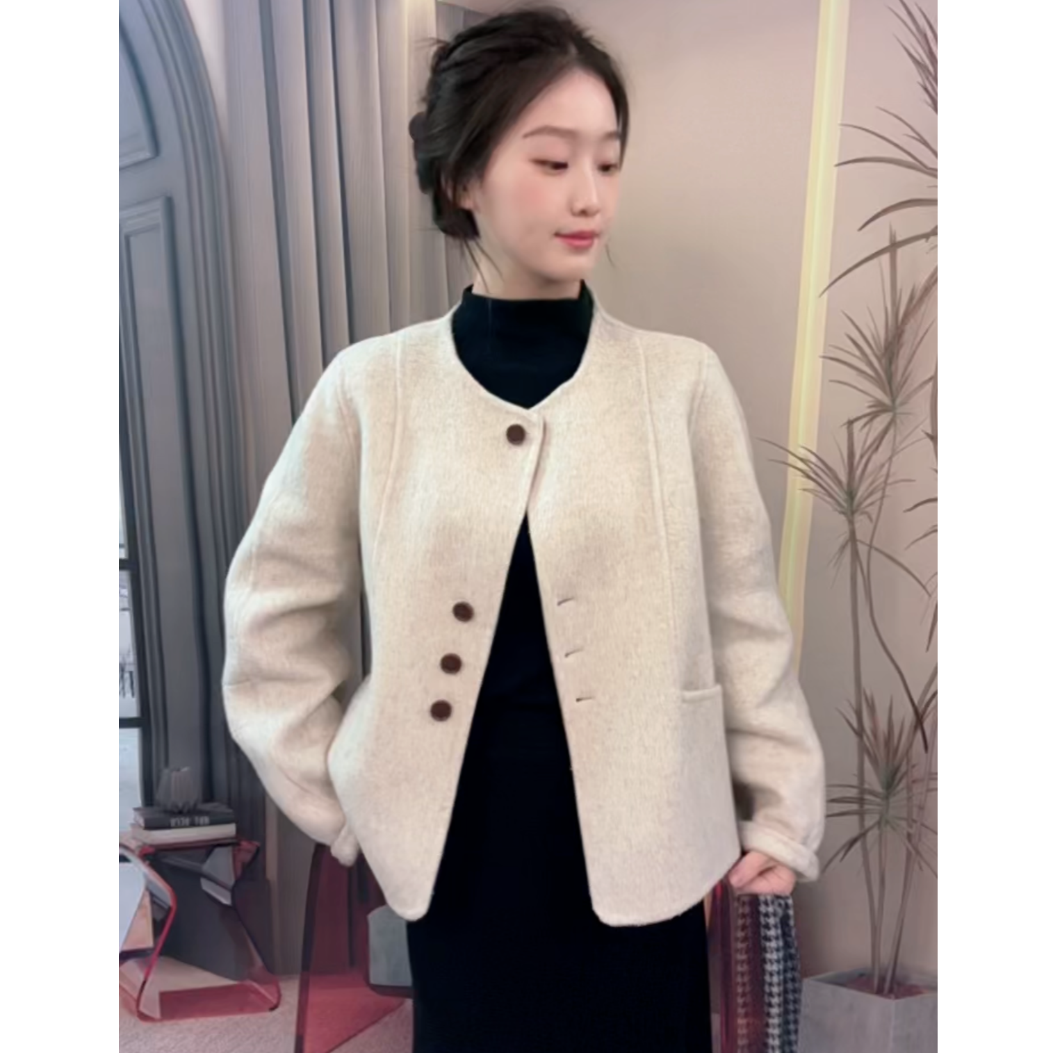 [QINGSHE]秋冬羊毛双面呢大衣气质短款百搭显瘦轻奢高级外套