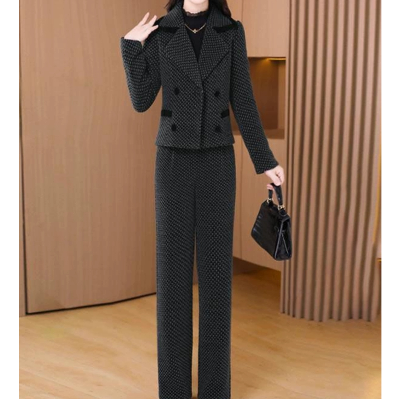 W8313高端时尚套装女2025秋冬季新款洋气外套阔腿裤显瘦两件套