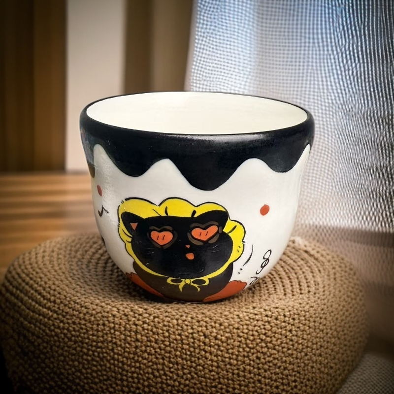 景德镇手绘高温釉下彩 黑猫手握杯300ml  A076