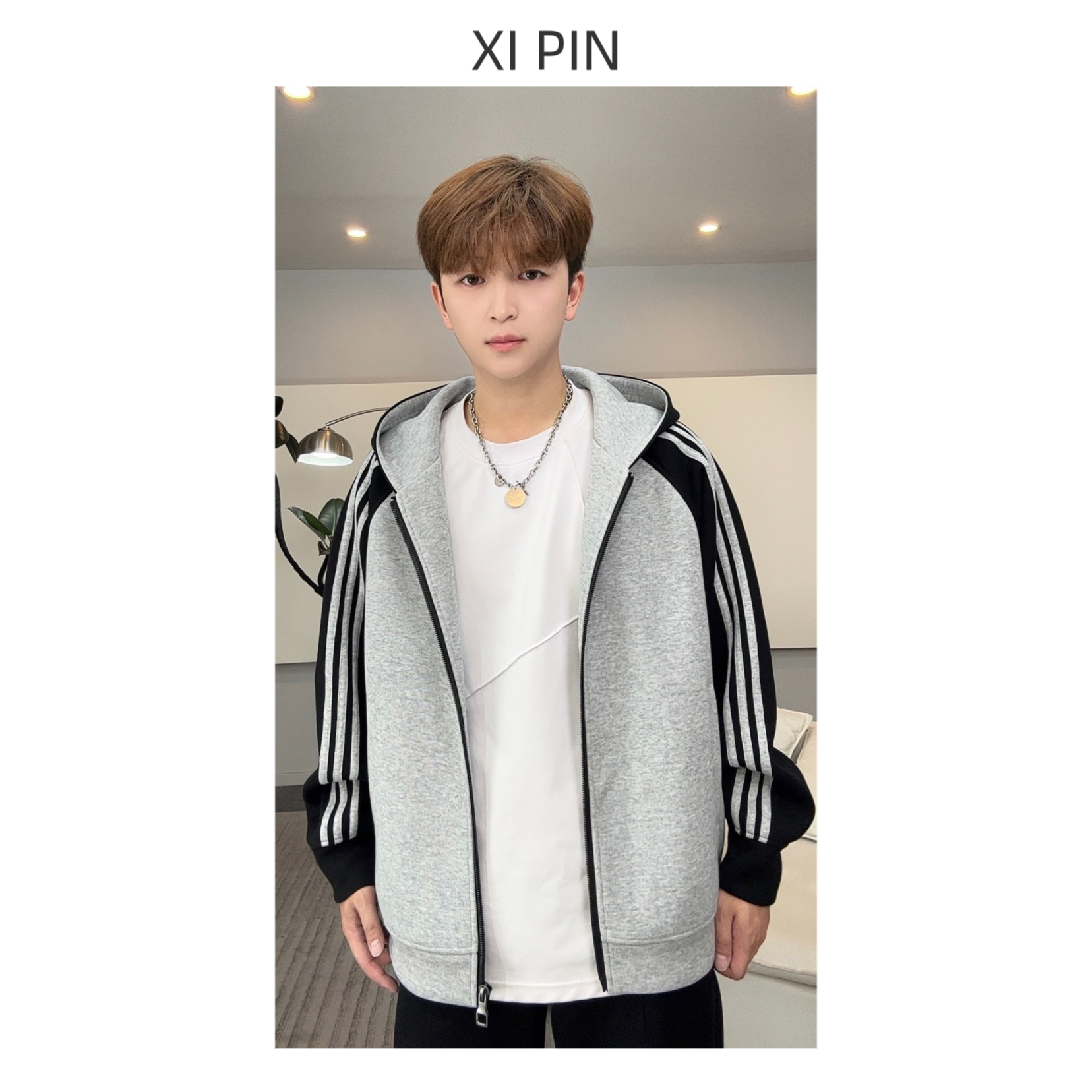 秋季水洗条纹连帽落肩袖拼接卫衣休闲秋款新开衫外套W-772