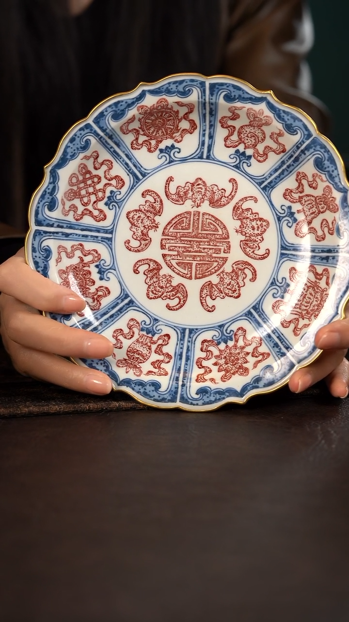 【闪购商品】杯贵红窑釉里三色五福捧寿莲瓣壶承