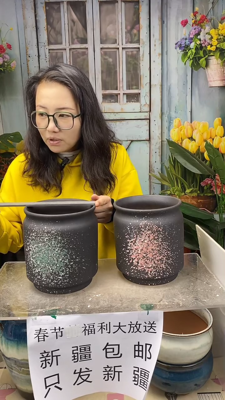 【闪购商品】红陶黑色带花陶盆2个装