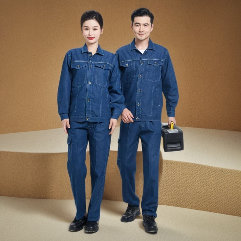 薄款牛仔反光条工装制服纯色上衣扣子款式裤子春夏防烫面料工作