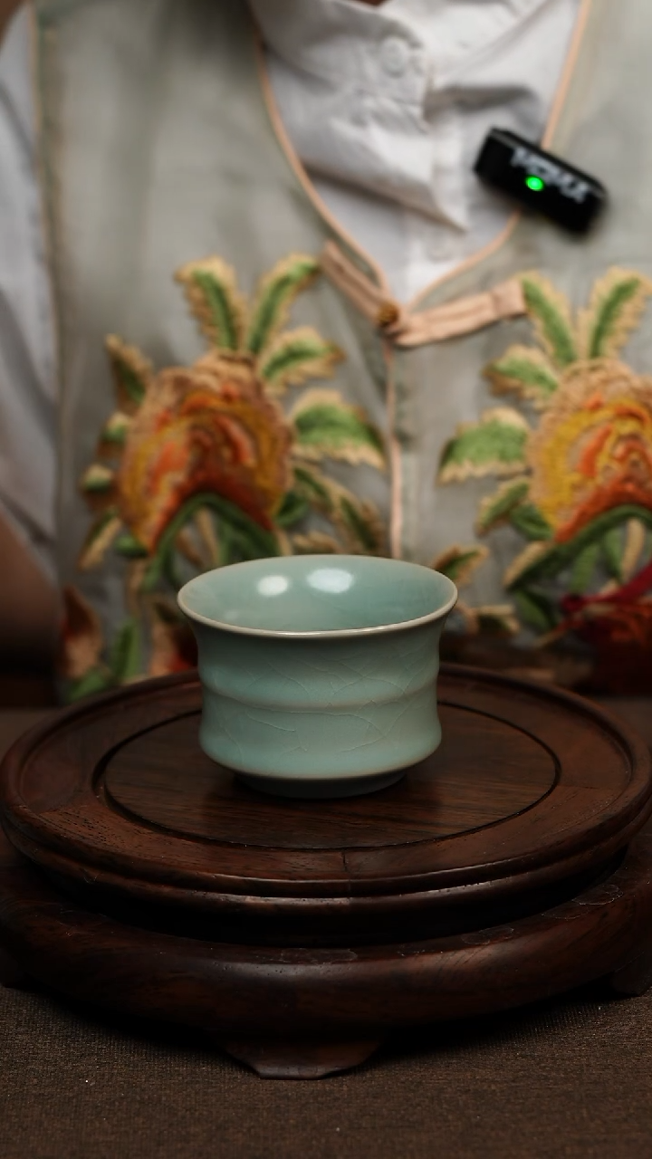 瓷片仿古天青竹节杯100ml 微瑕 不带礼盒