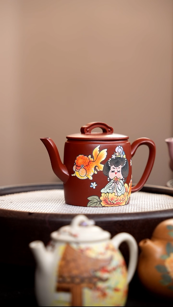 茶壶紫砂朱泥高汉瓦泥绘唐美人金鱼
