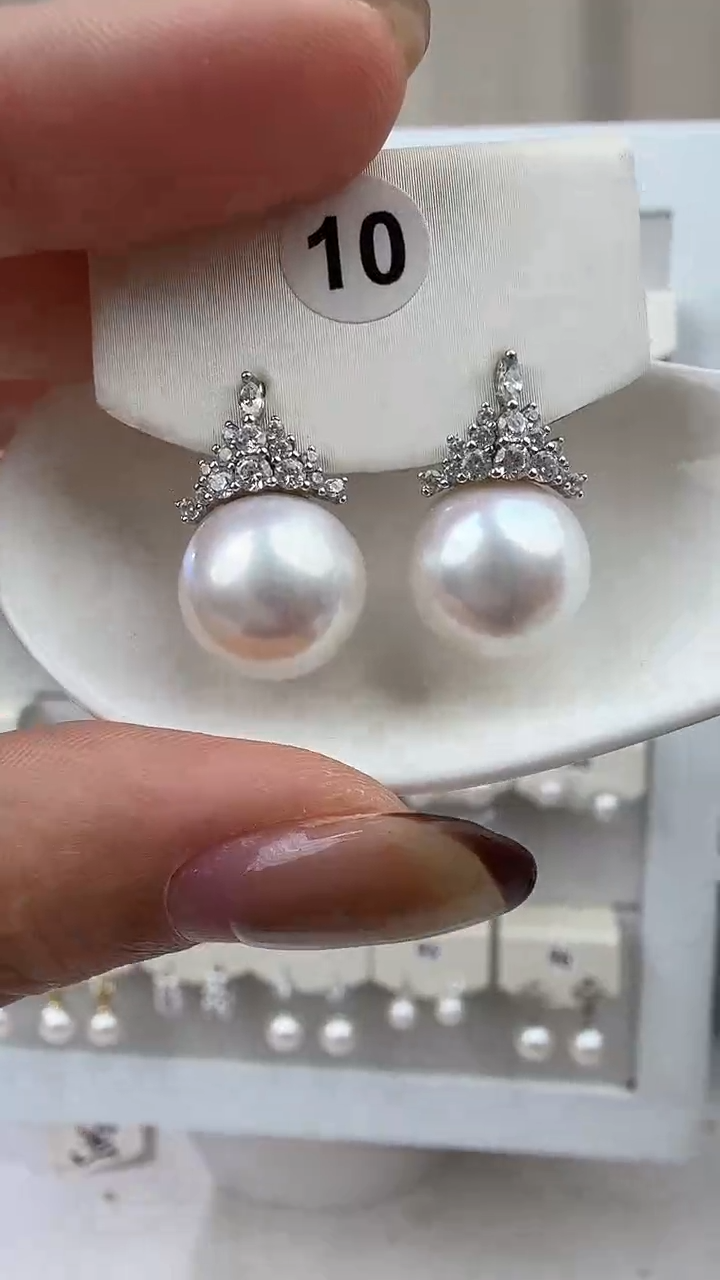 银S925镶嵌耳饰淡水珍珠12-13mm冰雪女王耳钉