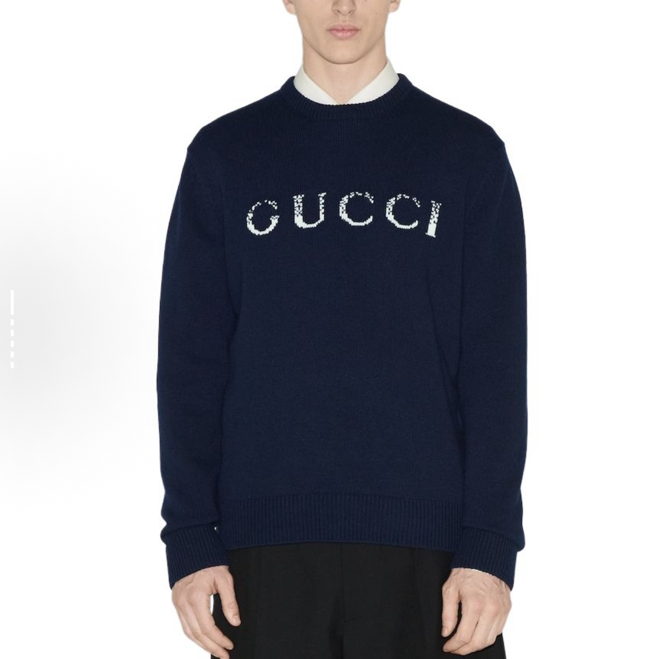 未使用 GUCCI/古驰 全新 字母LOGO嵌花圆领长袖毛衣 藏青色