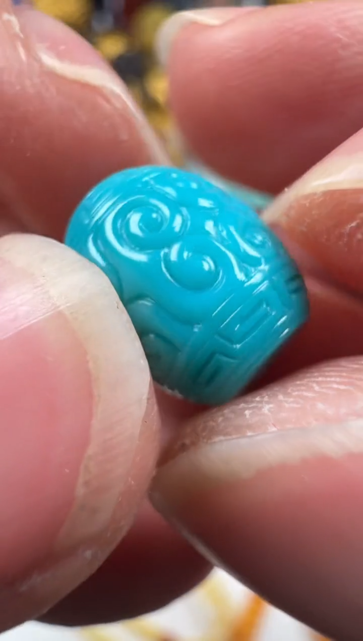 绿松石未镶嵌回纹珠绿松石雕刻回纹珠