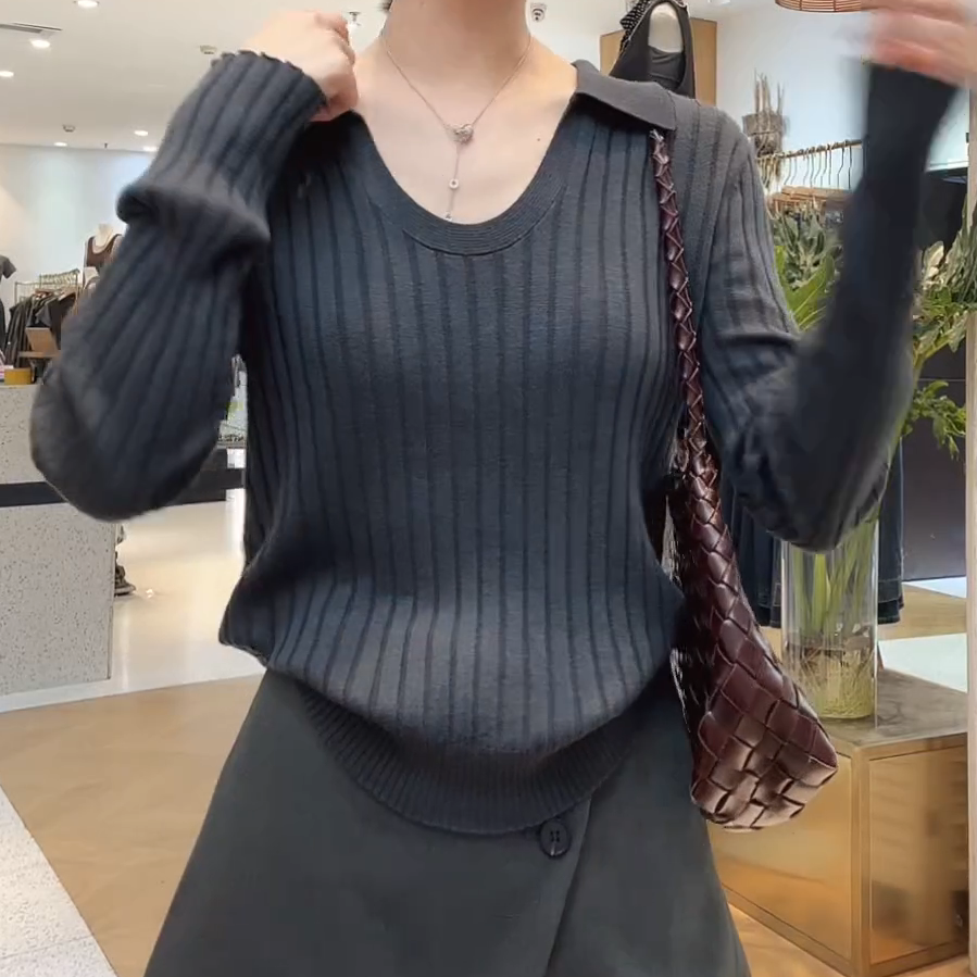 复古高级感时尚纯色2025翻领U领慵懒松弛长袖针织衫女C5949