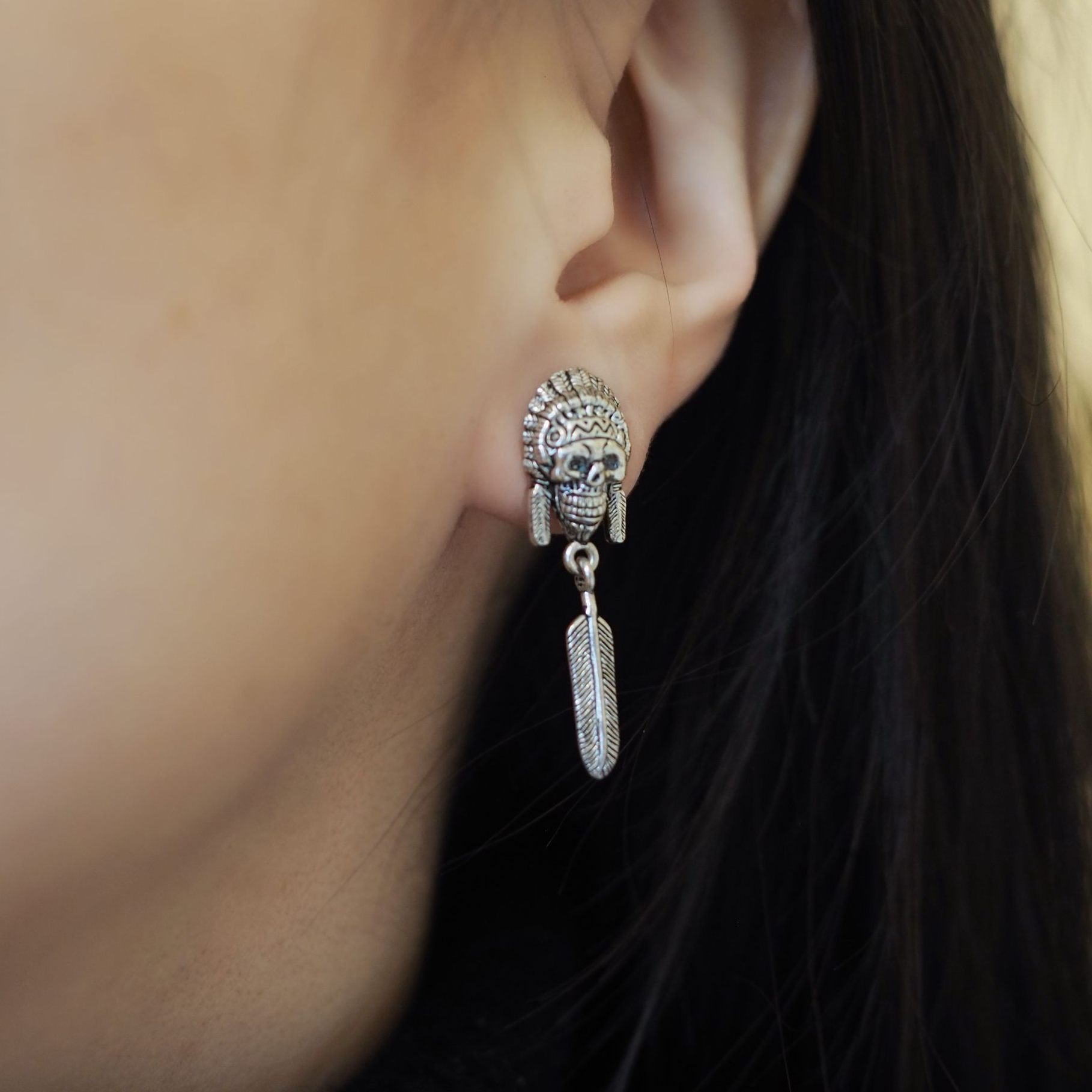 925银耳饰 骷髅羽毛拼接朋克个性复古印第安小众百搭男女长款耳钉