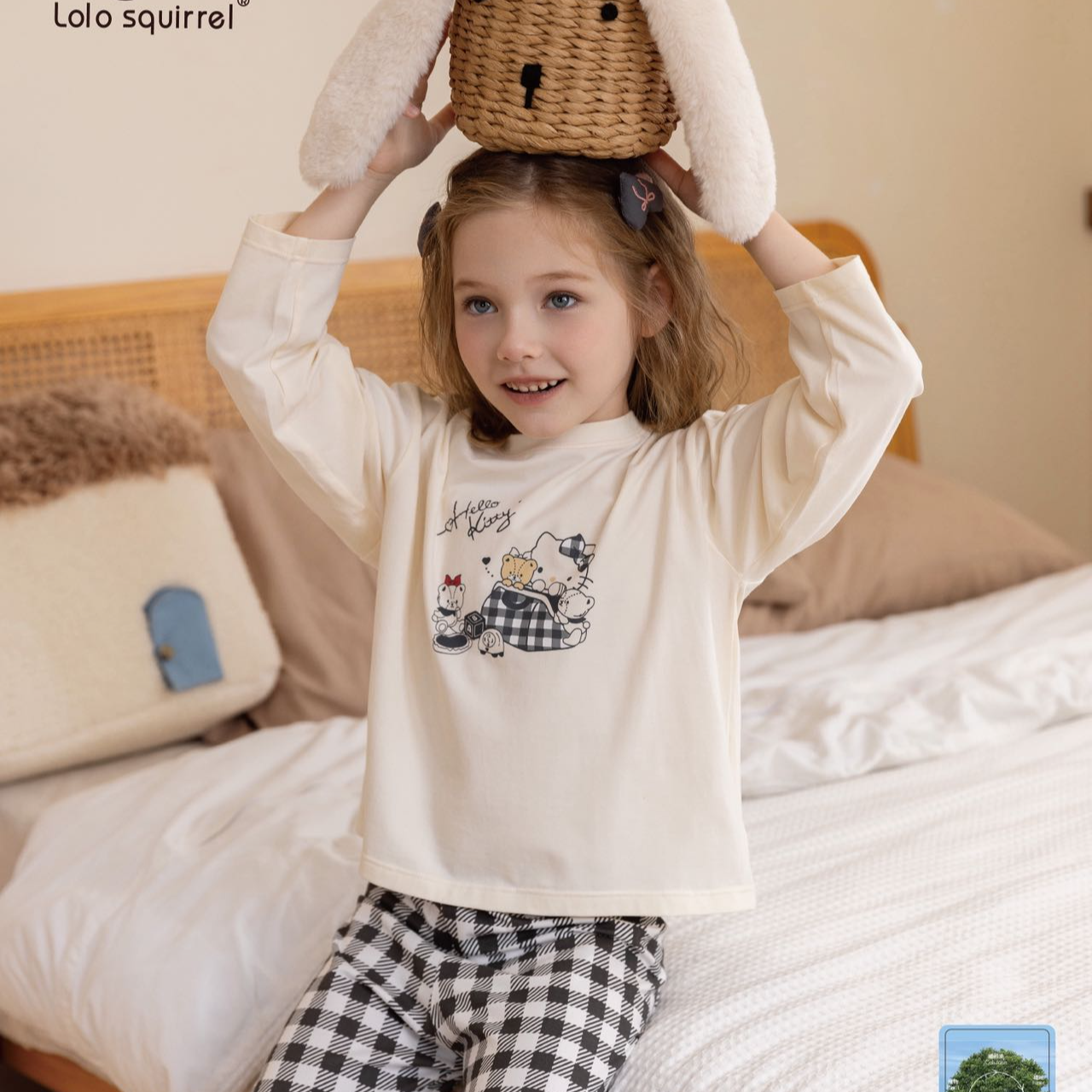 松鼠洛洛新款儿童时尚秋冬薄款家居服  格子小猫8615