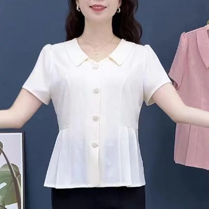夏季短袖衬衫上衣修身显瘦时尚洋气小衫百搭减龄娃娃领妈妈装