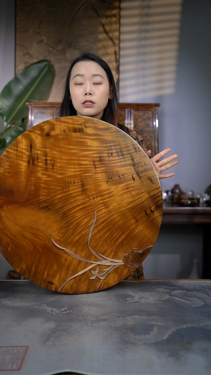 【闪购商品】金丝楠木雕满水波精工兰花茶盘