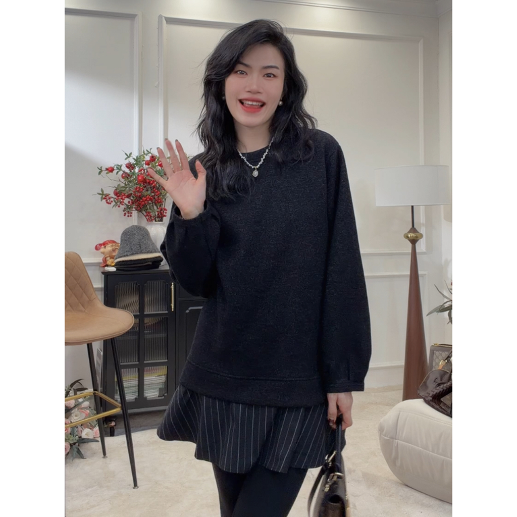 【时髦拼接】设计感条纹格子拼接假两件卫衣