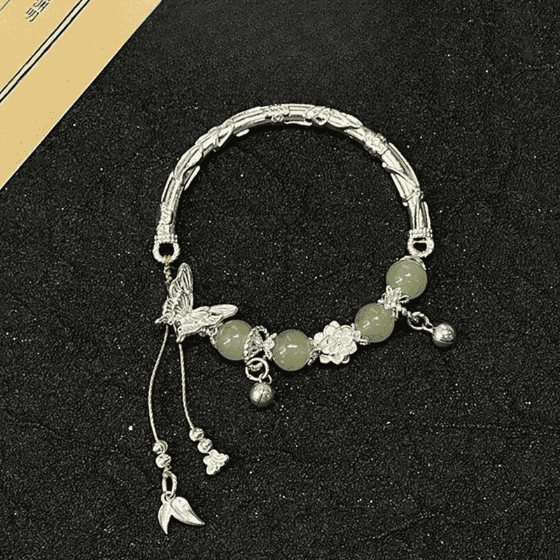 足银手链 纯银999蝶恋花手链蝴蝶莲花串珠半镯时尚520送女友