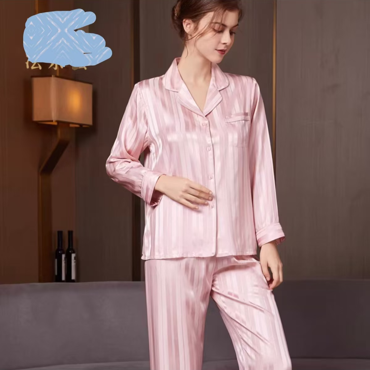 【睡衣工厂直销】粉色条纹100桑蚕丝重磅加密加厚长袖长裤套装T2074