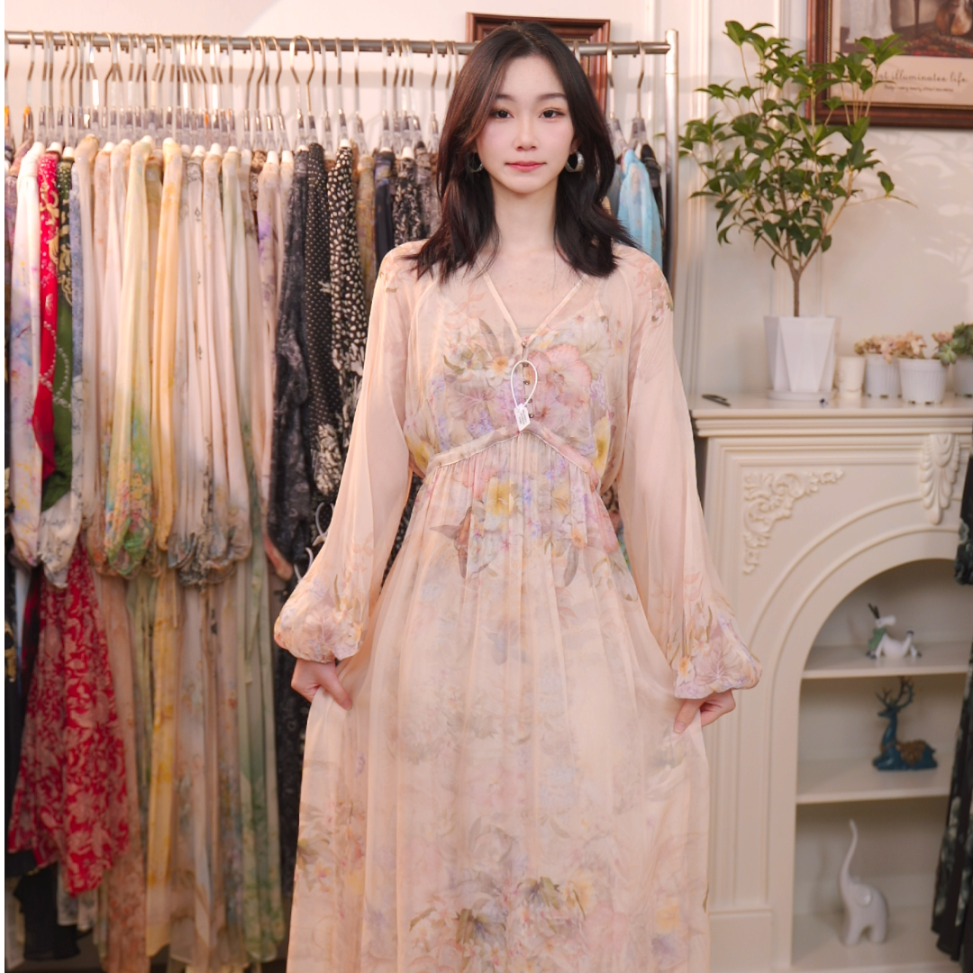 【苏苏真丝】120裙长，桑蚕丝连衣裙粉雾花枝8E-125-17-1