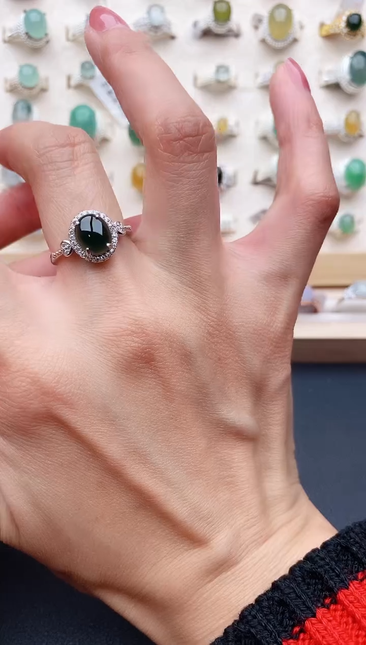 【闪购商品】翡翠戒指银S925镶嵌缅甸天然翡翠222   1-1