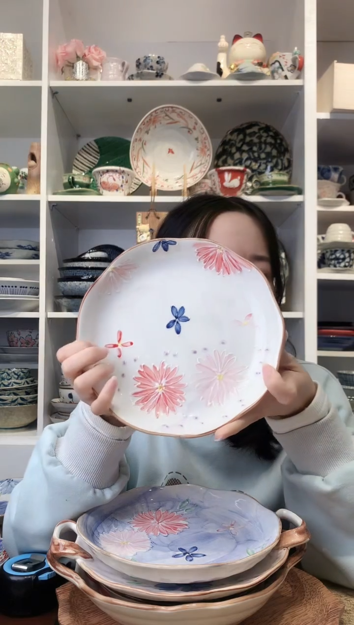 陶瓷【清仓】美浓烧花卉圆盘19.5cm