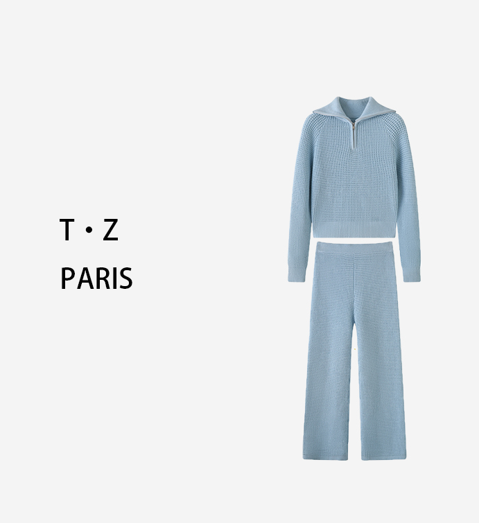 T·Z*21老钱风翻领半拉链套装-9545