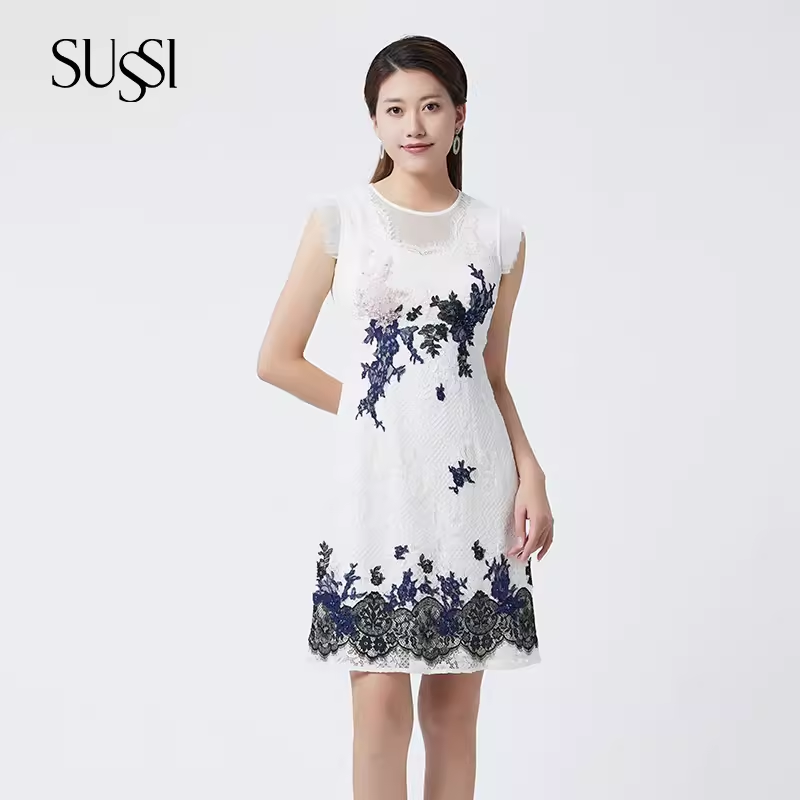 SUSSI/古色24夏商场同款白色蕾丝圆领贴花无袖连衣裙女度假穿搭