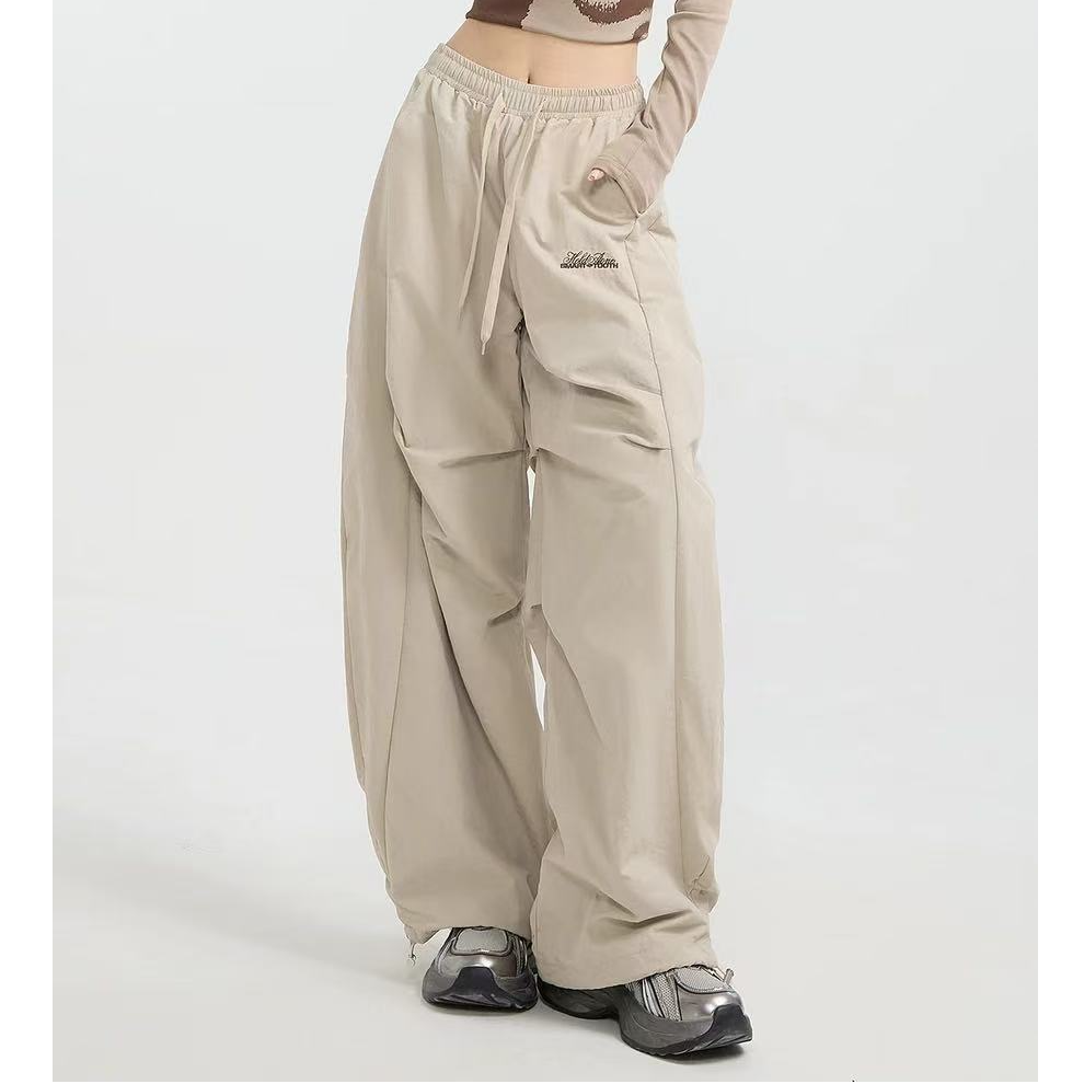 美式复古高级感褶皱伞兵工装裤男女松紧腰抽绳加绒阔腿香蕉弯刀裤