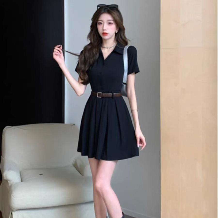 （现货）辣妹翻领百褶短裙春性感气质包臀修身连衣裙配腰带1738