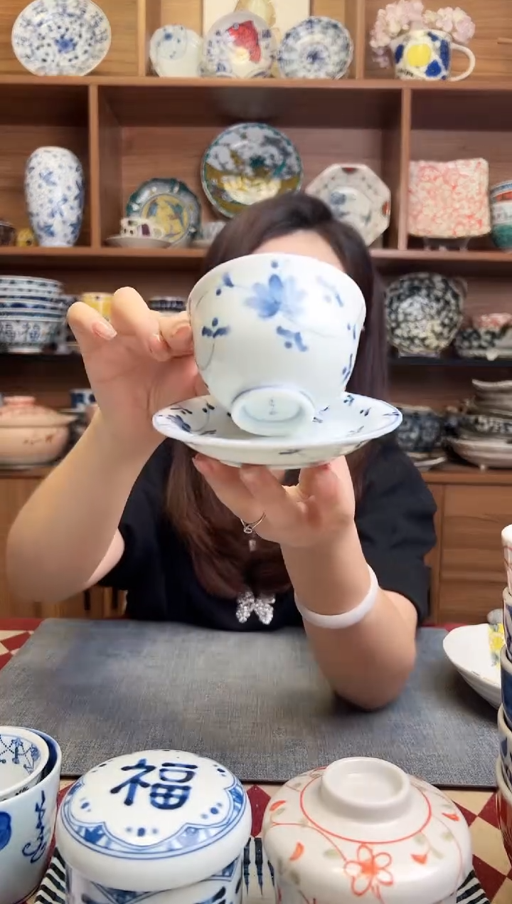 瓷片花唐草青 杯碟 套装