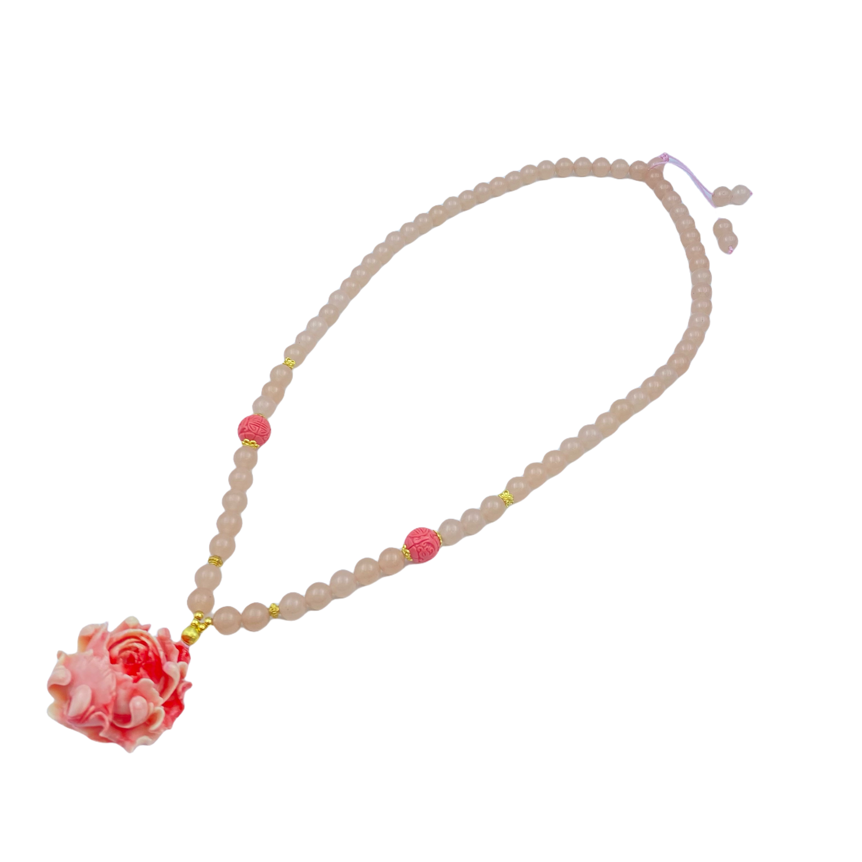藕粉牡丹花项链金丝玉X683X合金