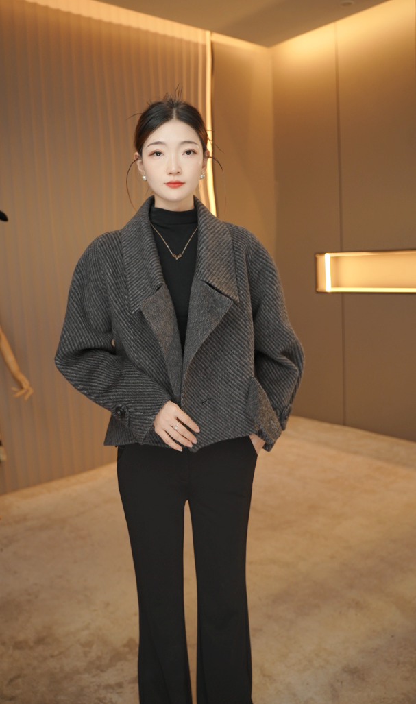 2025秋冬新款人字纹双面羊毛大衣女短款小个子韩版宽松羊毛呢外套