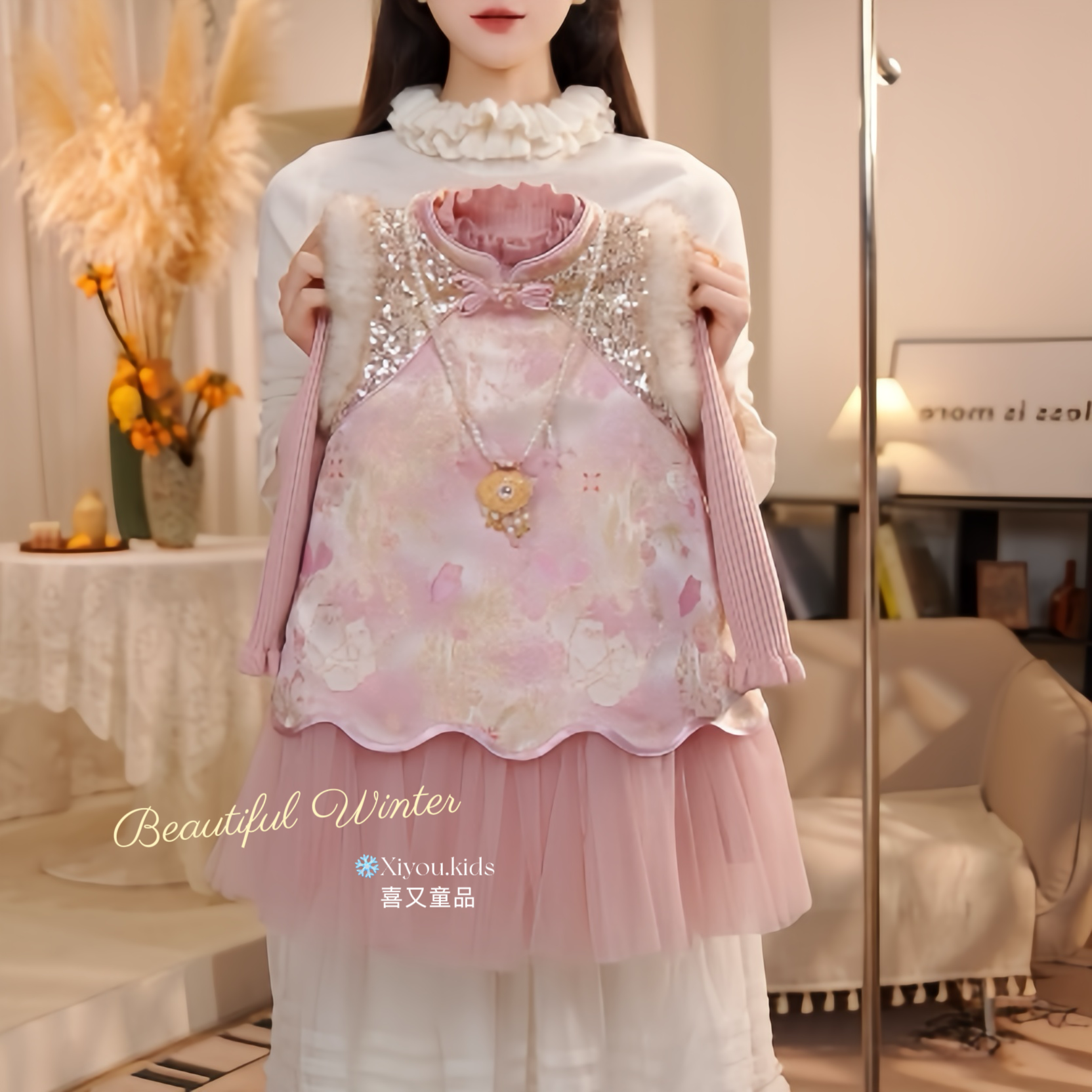  2025冬季新款女童新中式花卉加绒保暖连衣裙国风背心裙25950