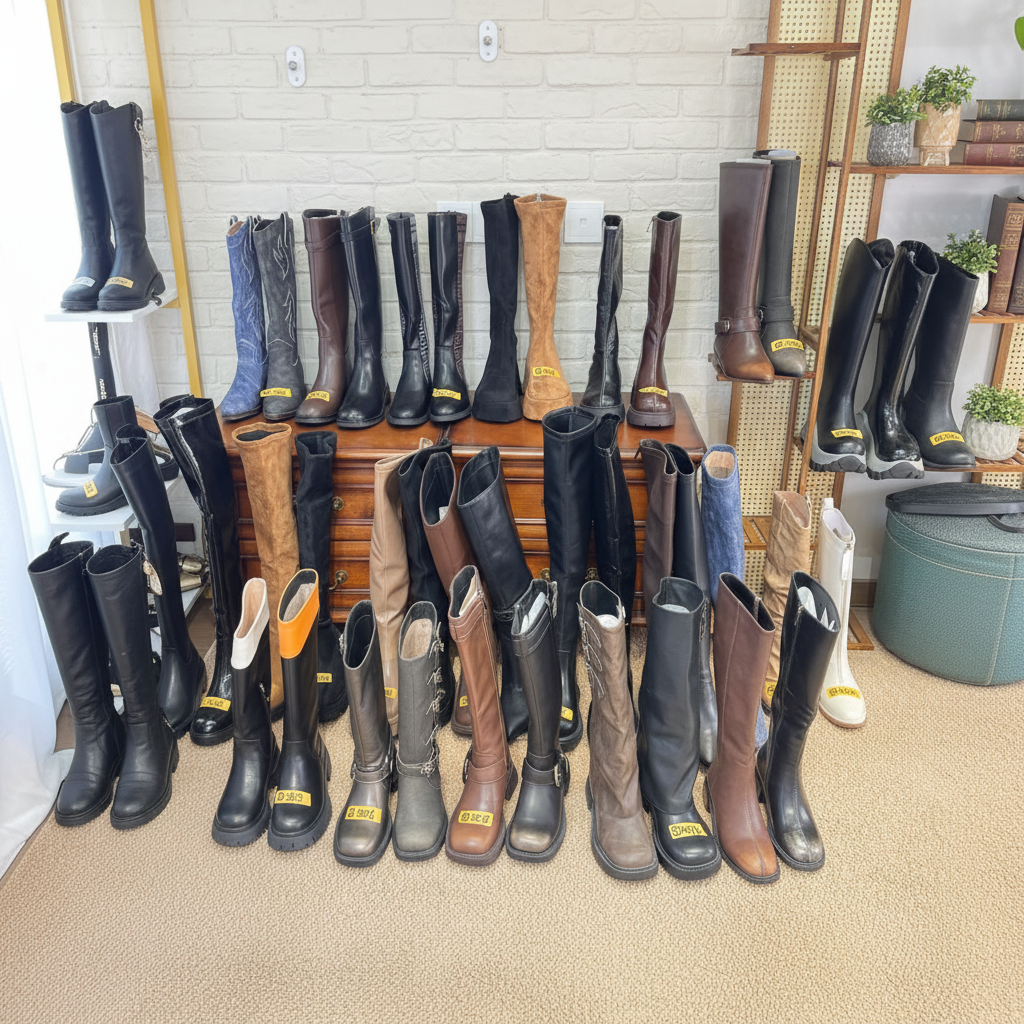 牛皮圆头平跟短筒长筒高跟漆皮弹力靴秋冬小个子女鞋高筒过膝长靴