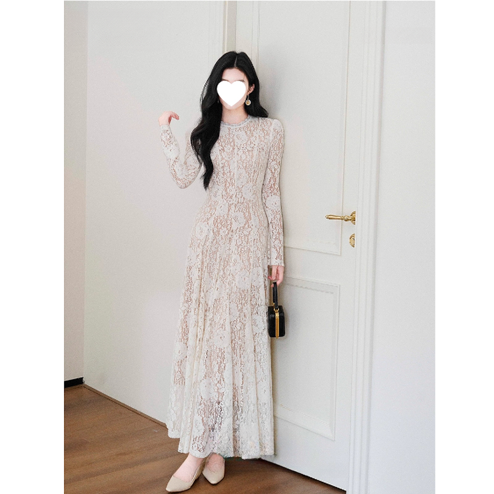 6-8元运补重工毛绒蕾丝镂空秋冬长袖打底连衣裙a摆收腰修身长裙