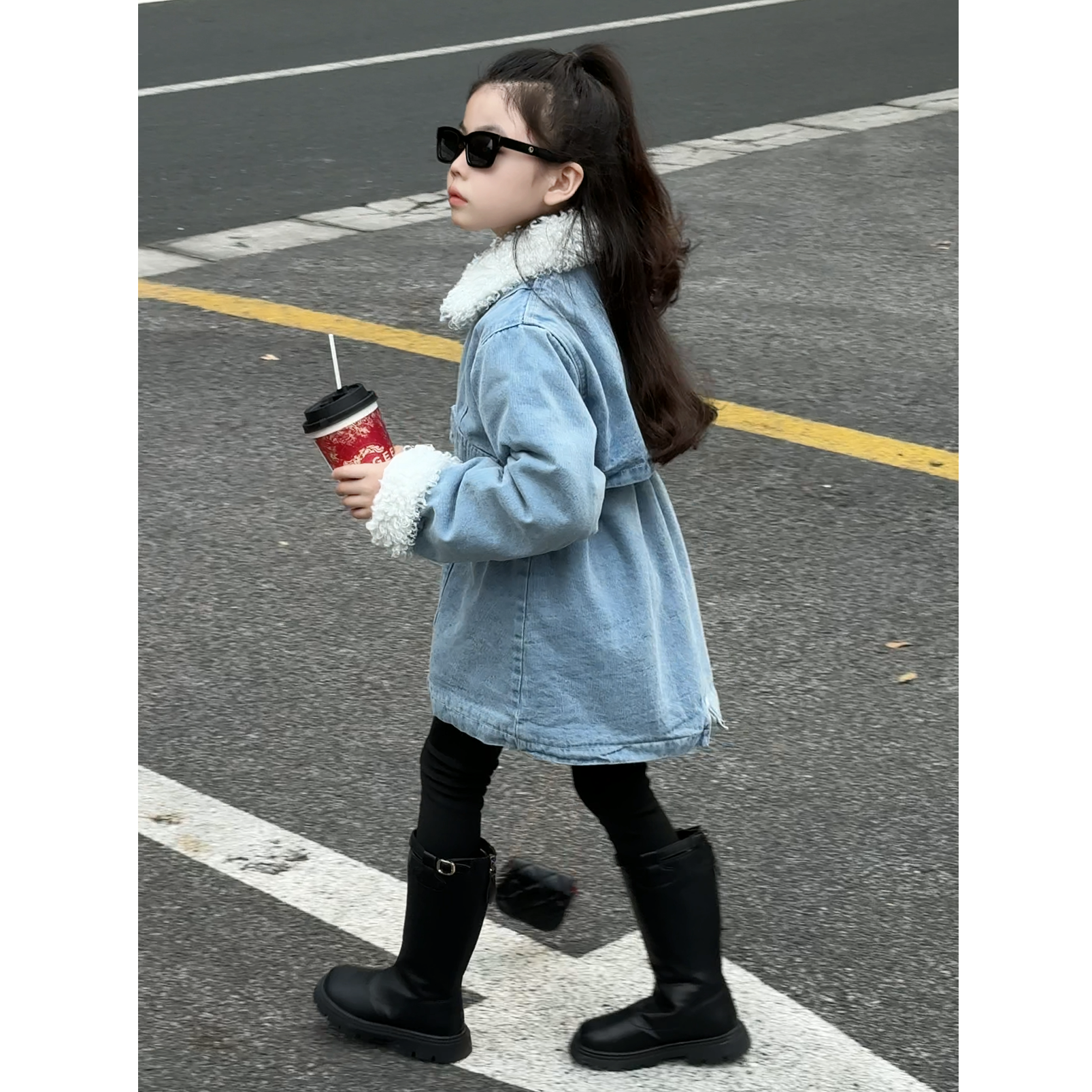 女童冬款棉服外套小女孩韩版中长款牛仔加绒连衣裙女宝宝洋气童装