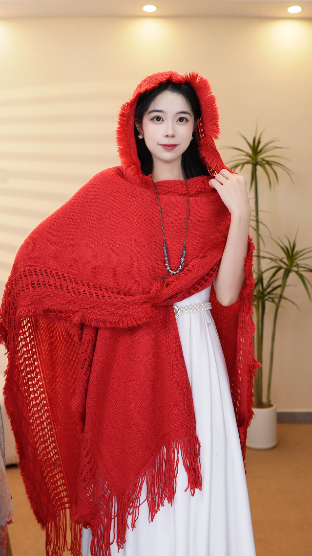 秋冬连帽纯色披肩民族风针织厚款披肩中国风