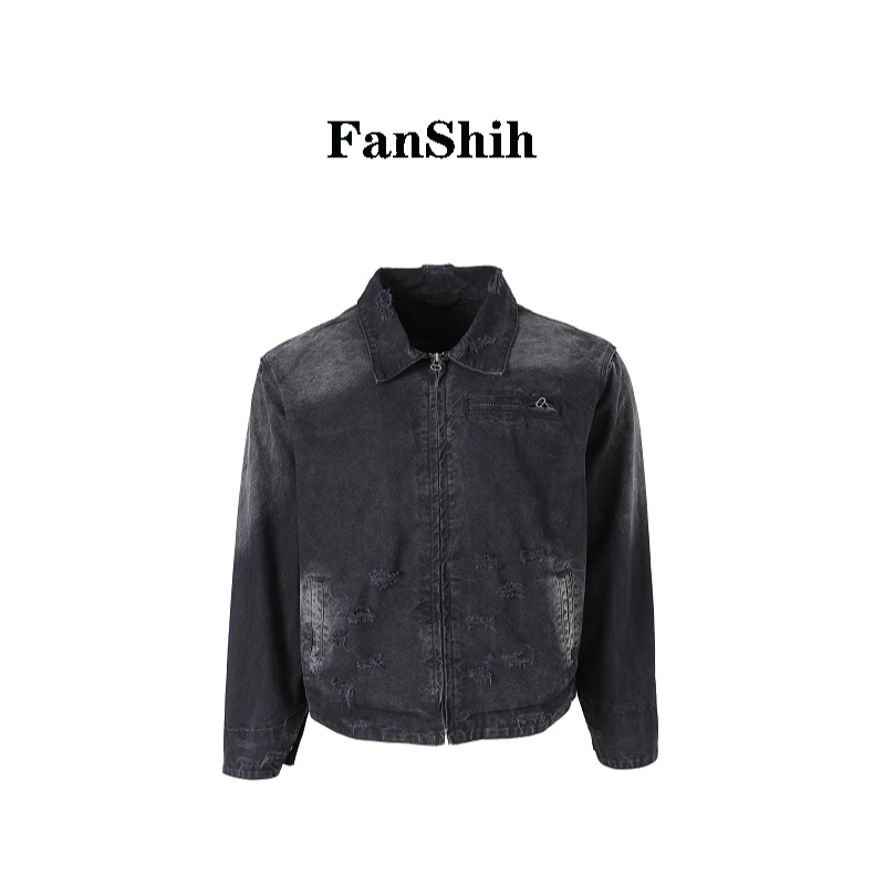 Fanshih 25秋冬新款黑色水洗破洞做旧休闲百搭夹克短宽版男装外套