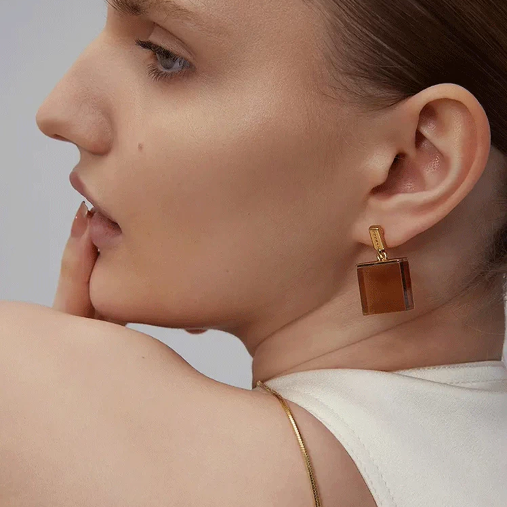 黄铜树脂耳饰 2025新款coc同款方形树脂耳钉小众设计高级感耳环
