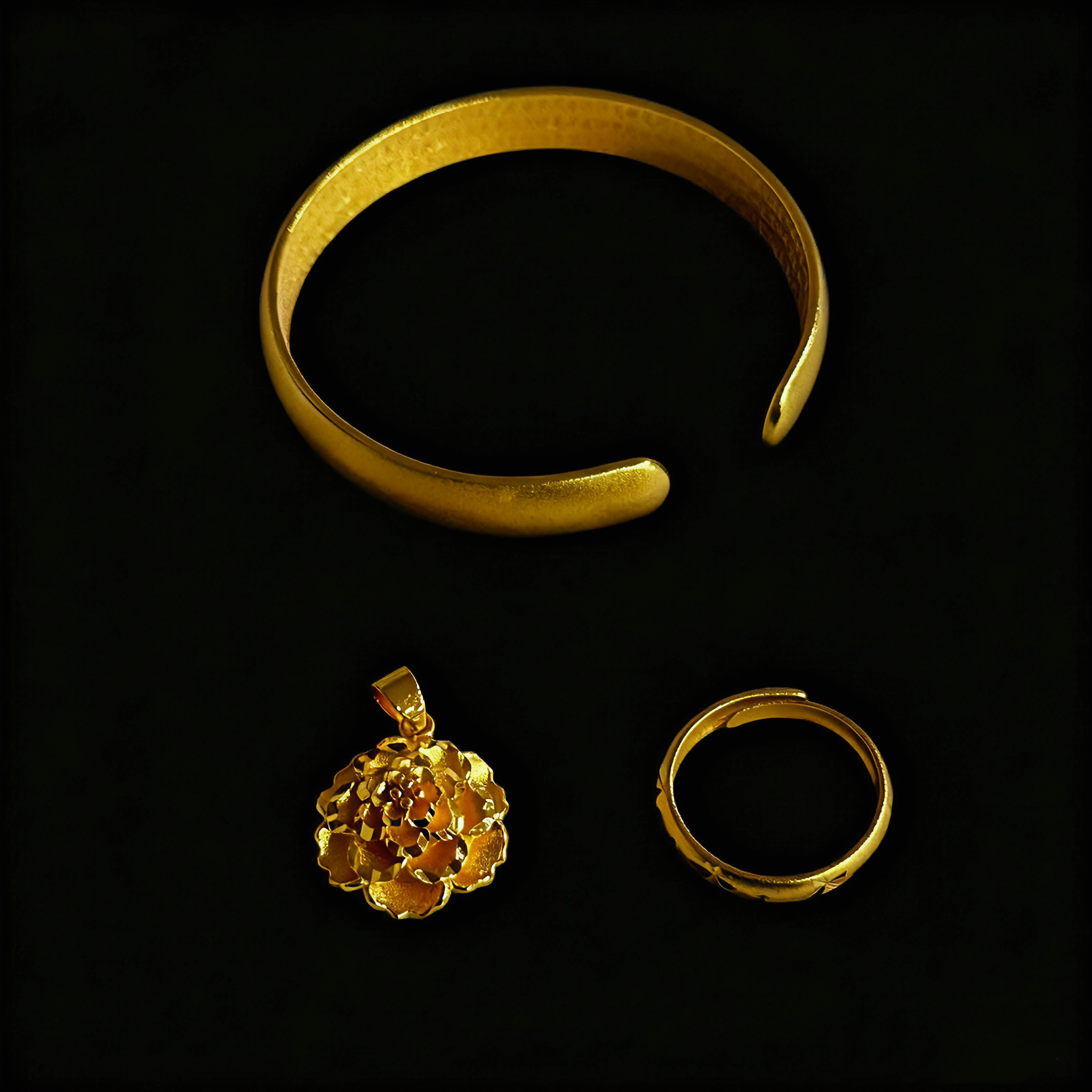 【华新】国风心经纹合金手镯+牡丹吊坠+星幻戒指【SOT011】