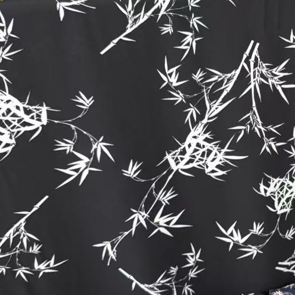 【黑底竹叶弹力双绉面料布料】微弹不透肉时尚时装面料雪纺