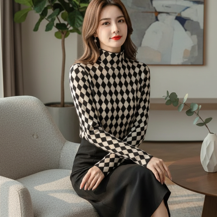 黑白菱形拼色秋冬新款加软细毛重工针织打底衫