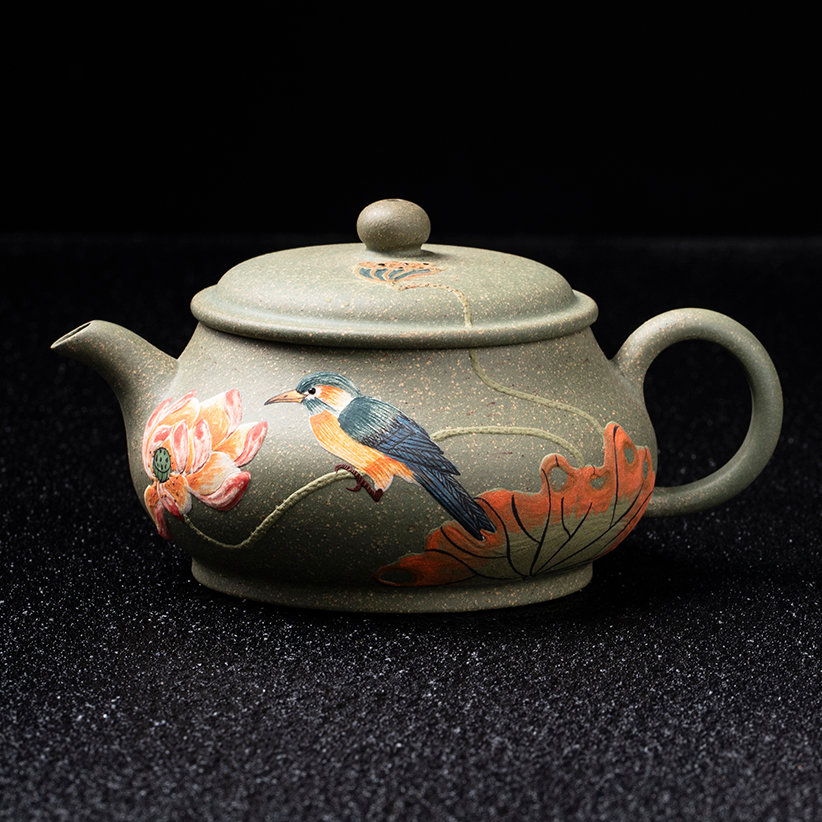 9108宜兴原矿紫砂茶具豆青砂泥料堆绘花鸟明炉壶200cc左右