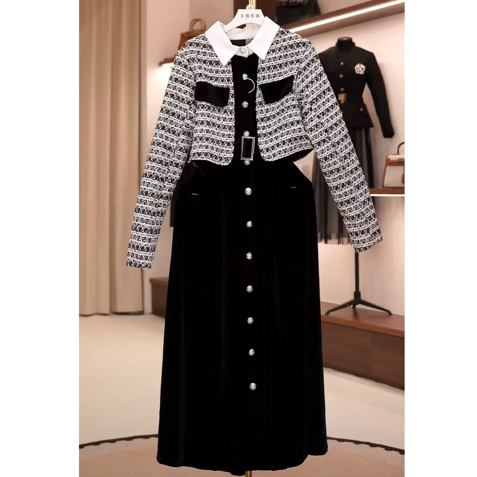 kk041拼接轻奢女装法式优雅针织粗花呢小香风长袖时尚套装